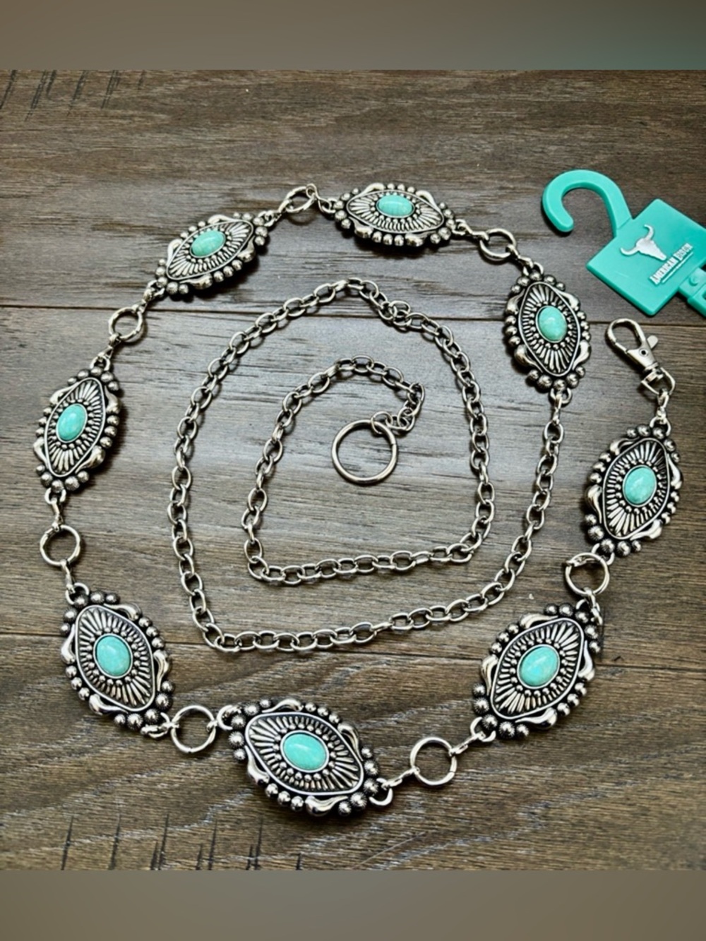 American Bison Chain belt,silvertone oval conchos,faux turquoise stones trendy